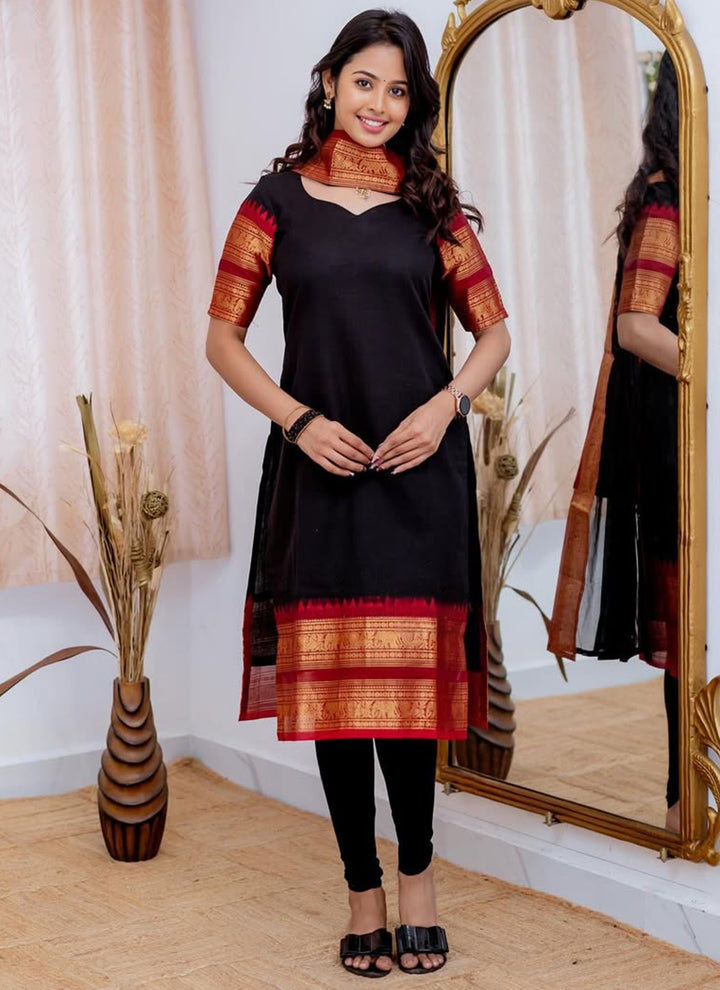 Kanchi Cotton Black Weaving Casual Kurta And Dupatta