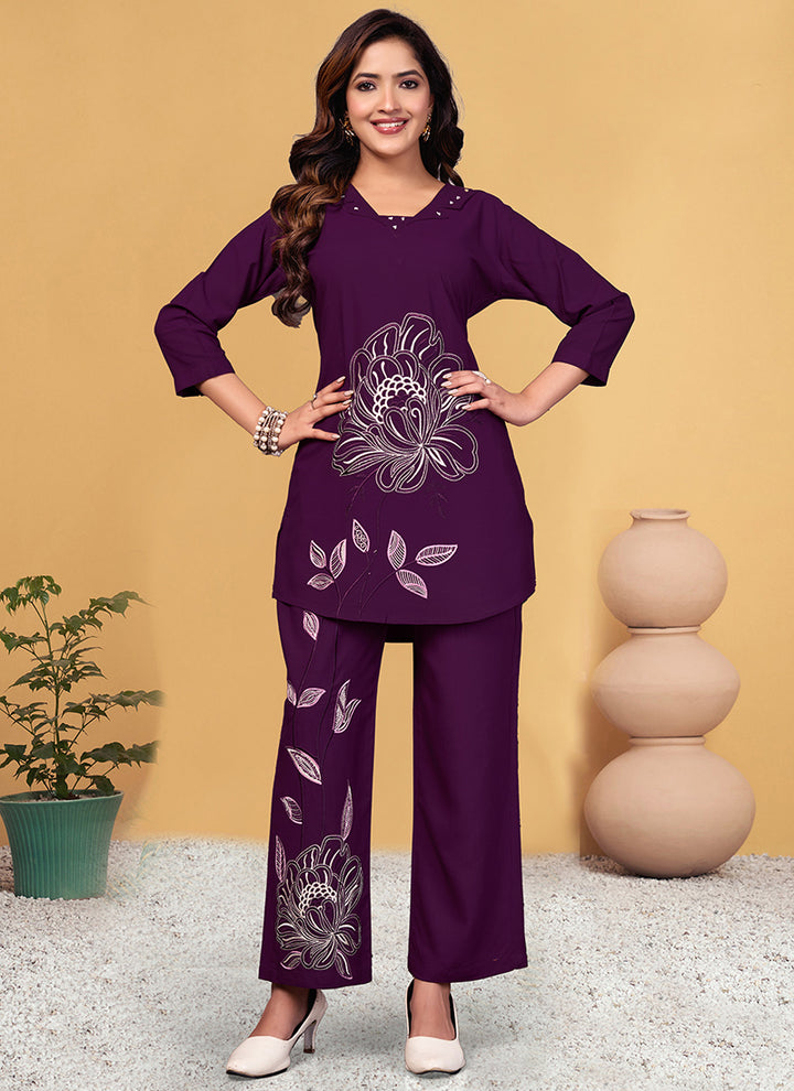 Viscose Rayon Purple V Neck Cord Set For Outwear