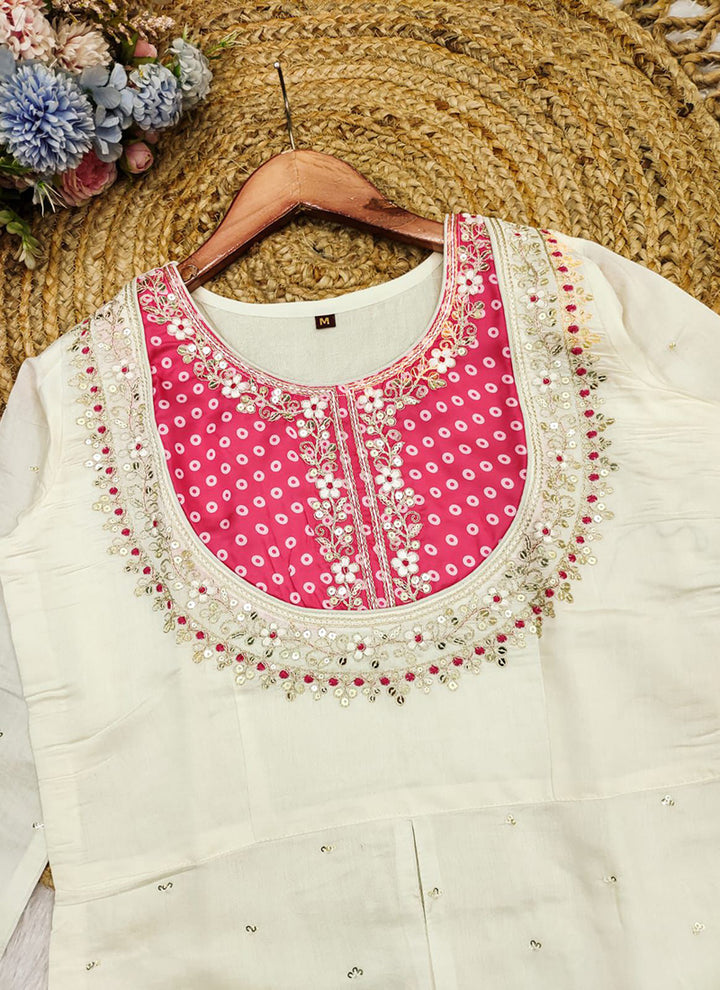 Off White And Magenta Embroidered Kurta With Palazzo Pant