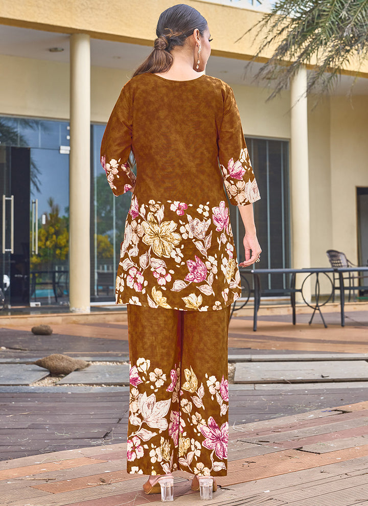 Brown Embroidered Cotton Festive Wear Cord Set