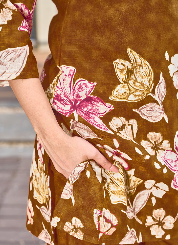 Brown Embroidered Cotton Festive Wear Cord Set