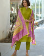 Olive Green Plain Straight Kurta Set With Printed Dupatta