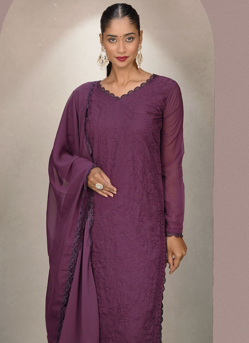 Wine Georgette Palazzo Style Ceremonial Kurta Set