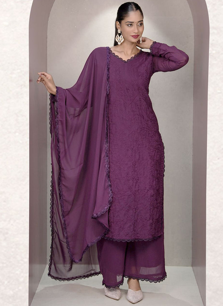 Wine Georgette Palazzo Style Ceremonial Kurta Set