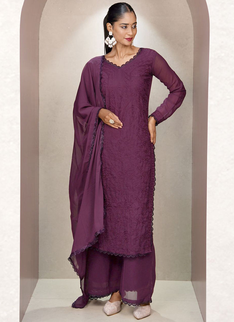 Wine Georgette Palazzo Style Ceremonial Kurta Set