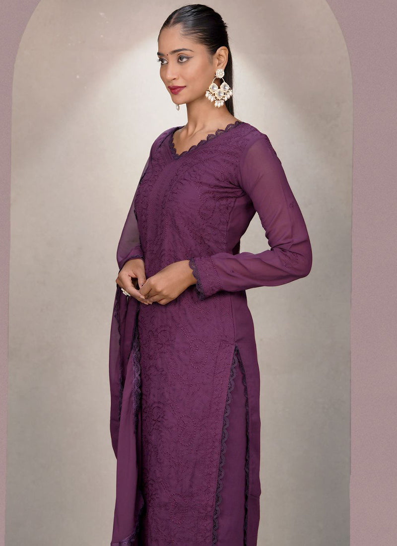 Wine Georgette Palazzo Style Ceremonial Kurta Set