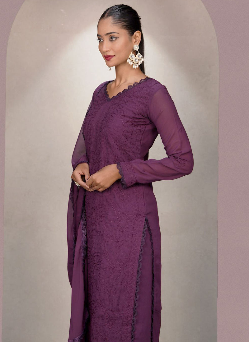 Wine Georgette Palazzo Style Ceremonial Kurta Set
