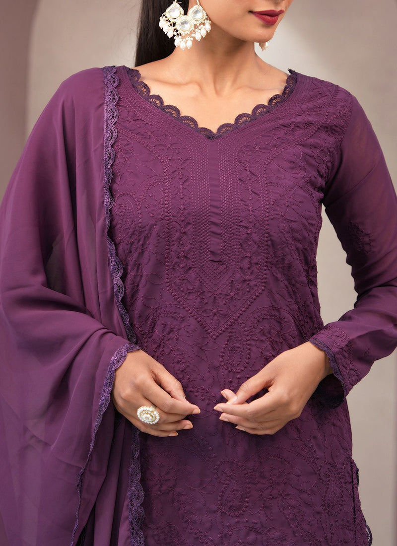 Wine Georgette Palazzo Style Ceremonial Kurta Set