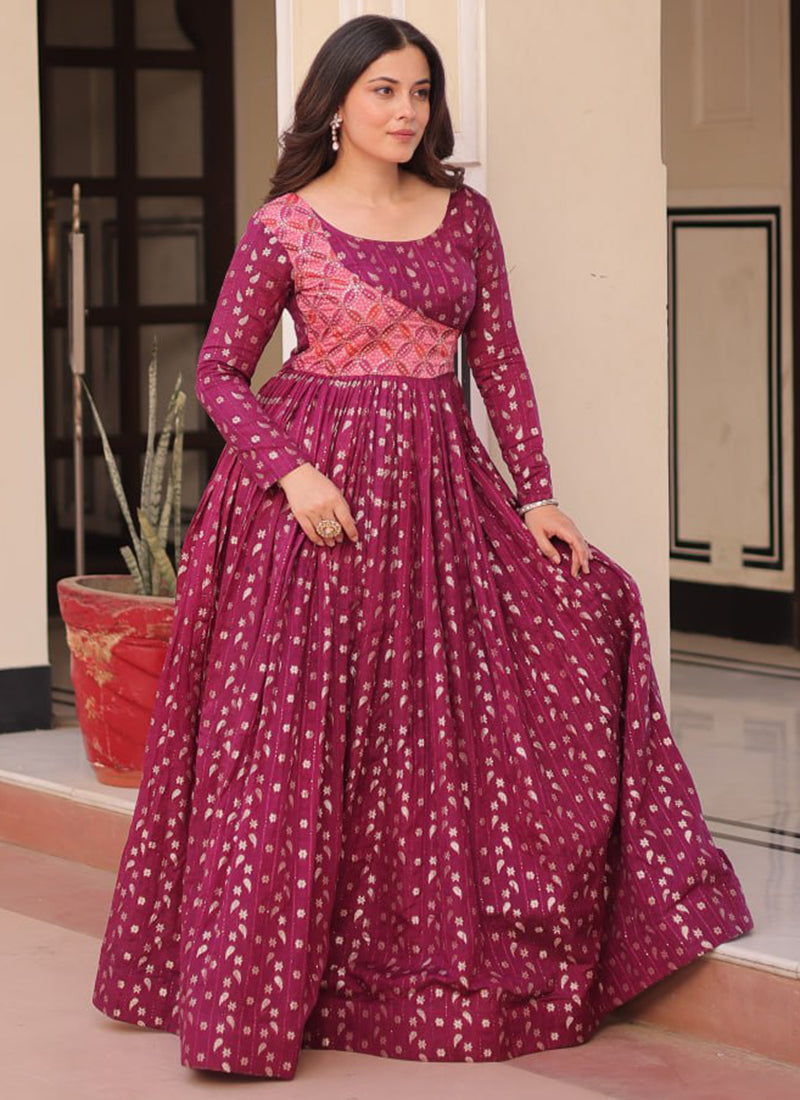 Maroon Jacquard Party Wear Maxi Dress