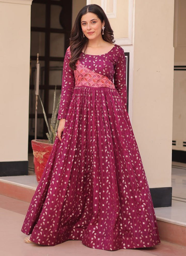 Maroon Jacquard Party Wear Maxi Dress