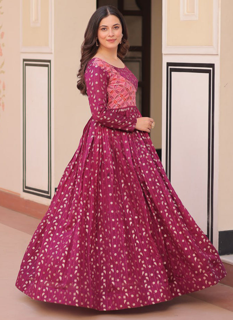 Maroon Jacquard Party Wear Maxi Dress