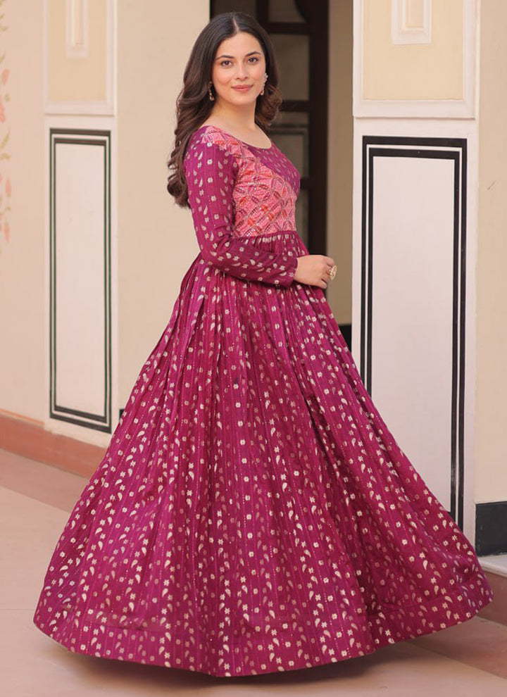 Maroon Jacquard Party Wear Maxi Dress