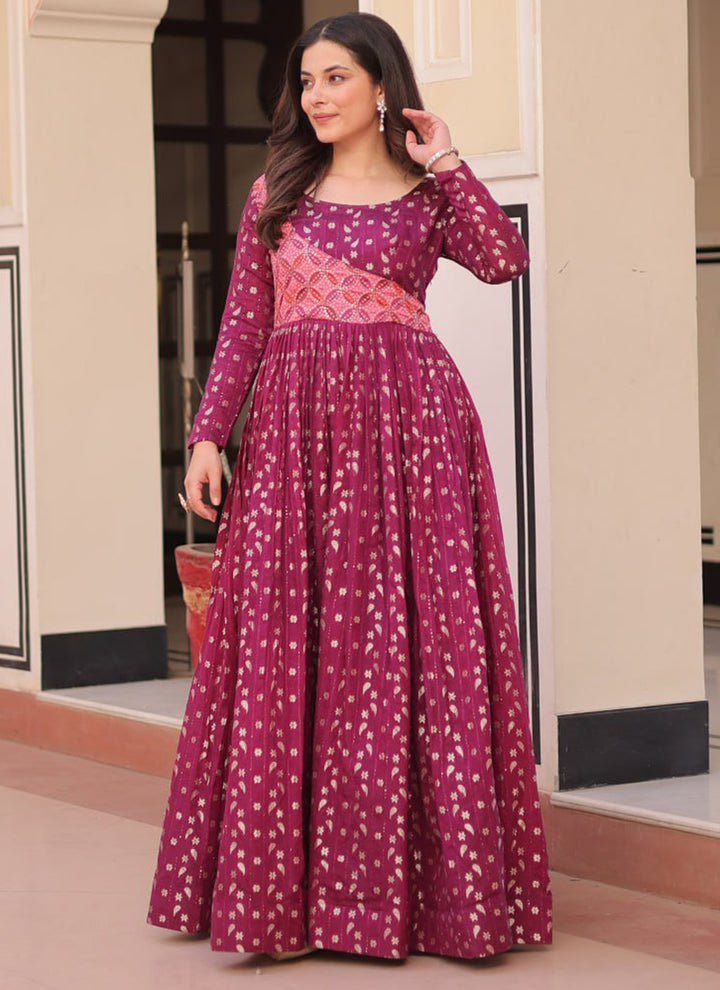 Maroon Jacquard Party Wear Maxi Dress