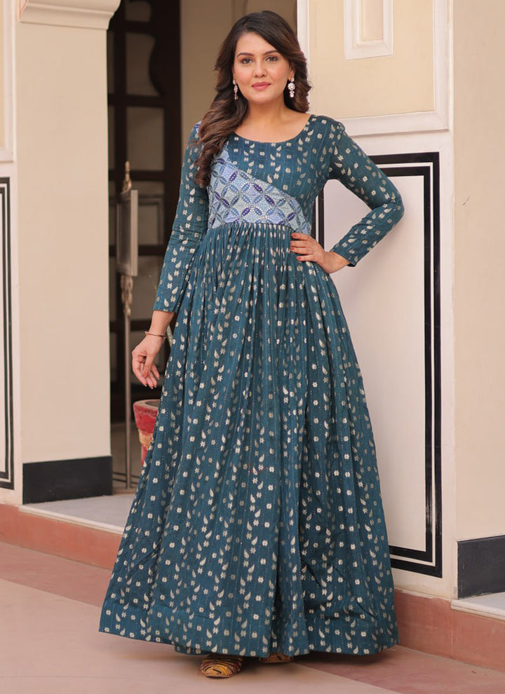 Teal Blue Jacquard Party Wear Maxi Dress