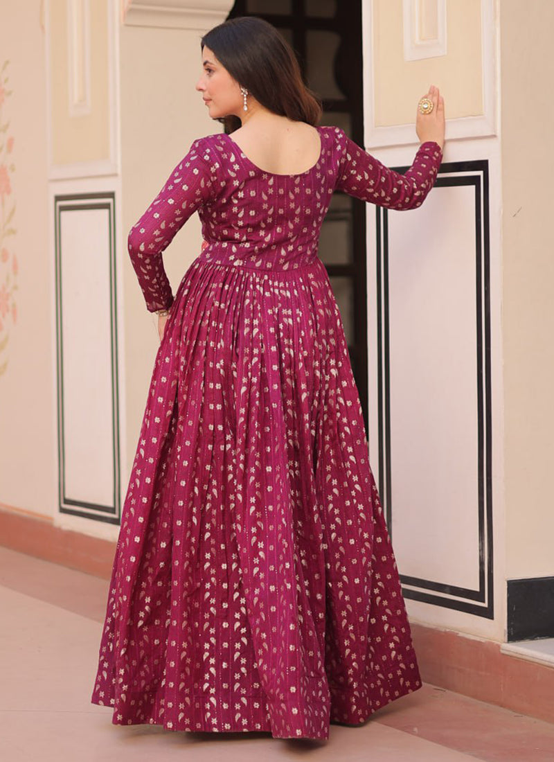Maroon Jacquard Party Wear Maxi Dress