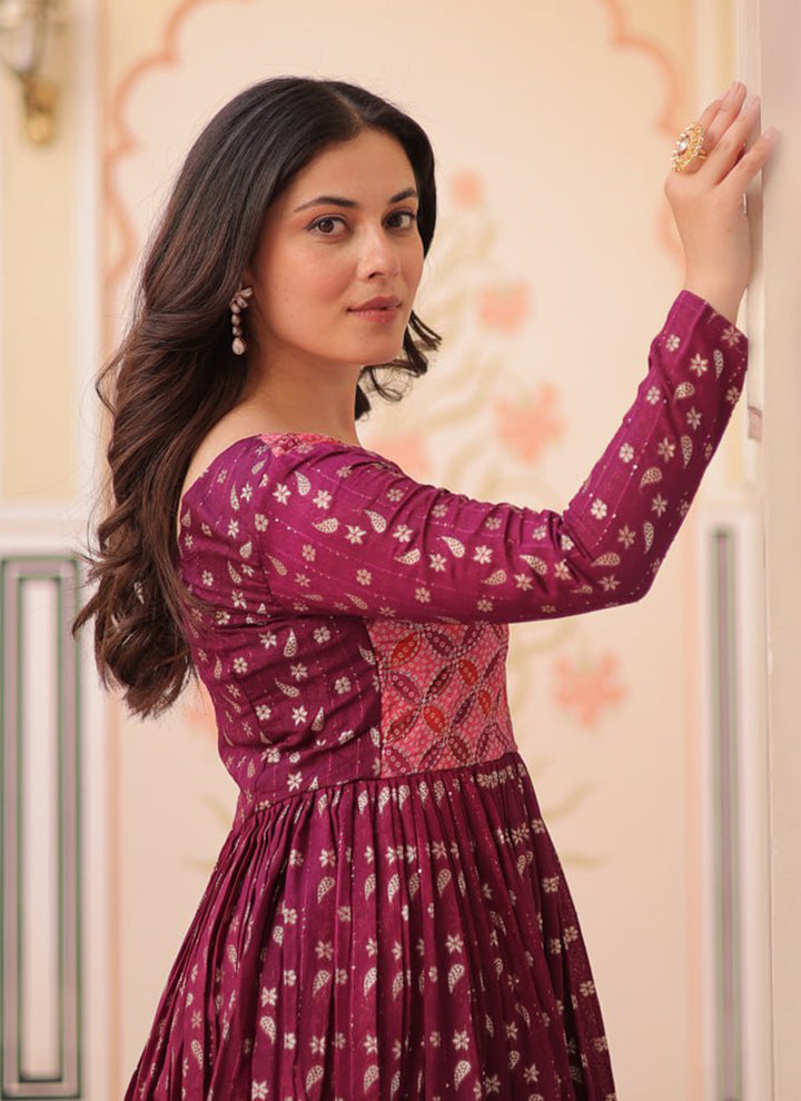 Maroon Jacquard Party Wear Maxi Dress