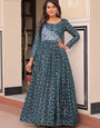 Teal Blue Jacquard Party Wear Maxi Dress