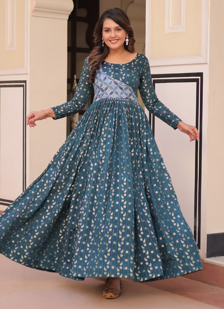 Teal Blue Jacquard Party Wear Maxi Dress