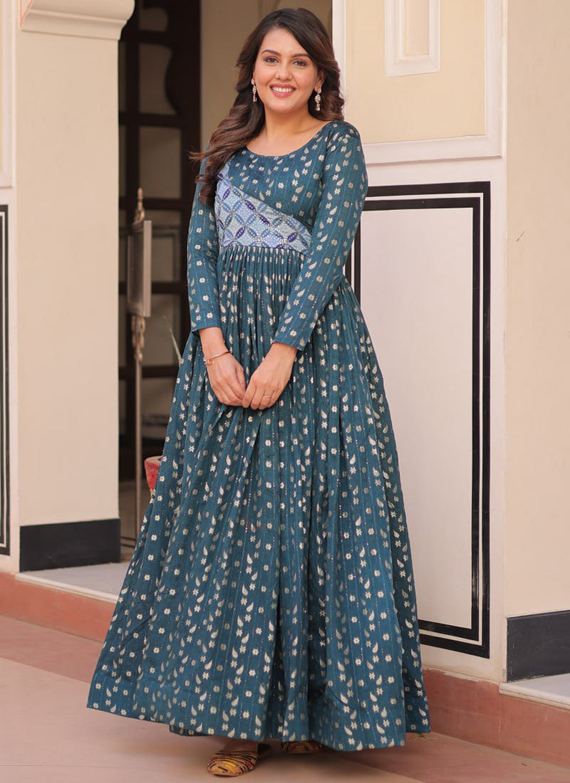 Teal Blue Jacquard Party Wear Maxi Dress