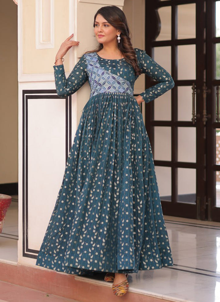 Teal Blue Jacquard Party Wear Maxi Dress