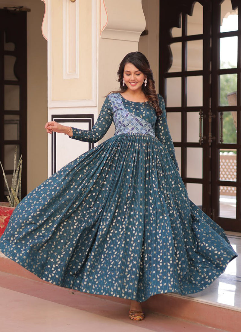Teal Blue Jacquard Party Wear Maxi Dress