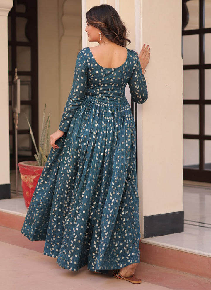 Teal Blue Jacquard Party Wear Maxi Dress