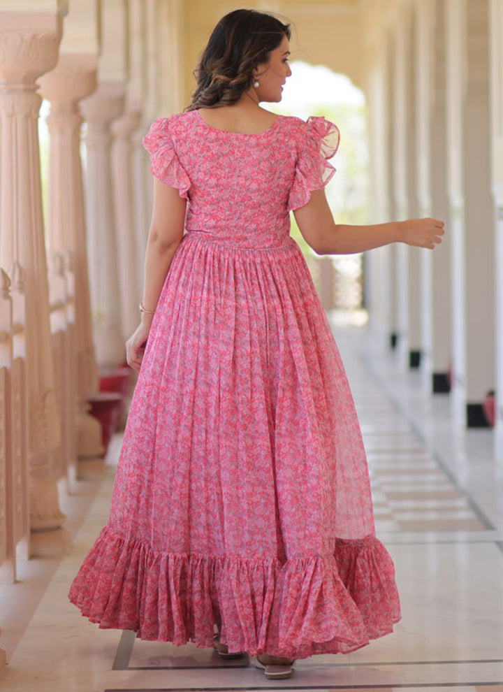 Pink Faux Georgette Floor Length Maxi Dress