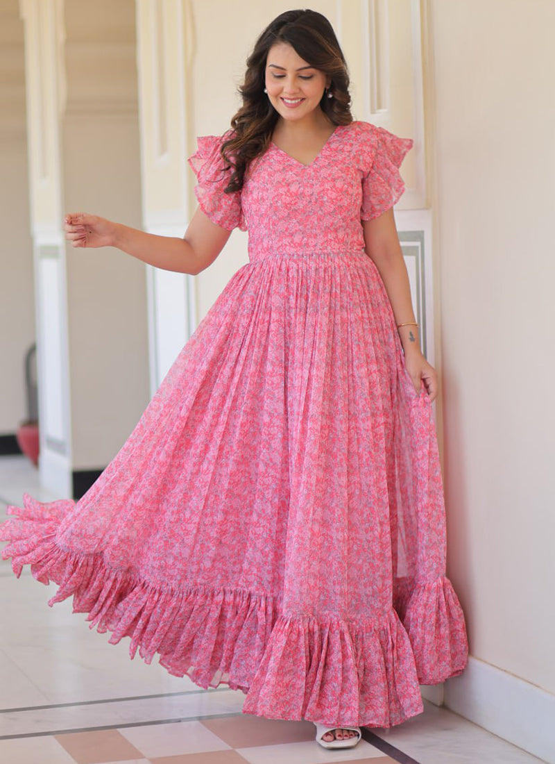 Pink Faux Georgette Floor Length Maxi Dress