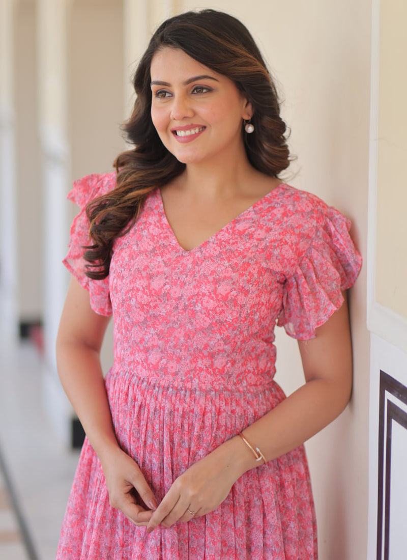 Pink Faux Georgette Floor Length Maxi Dress