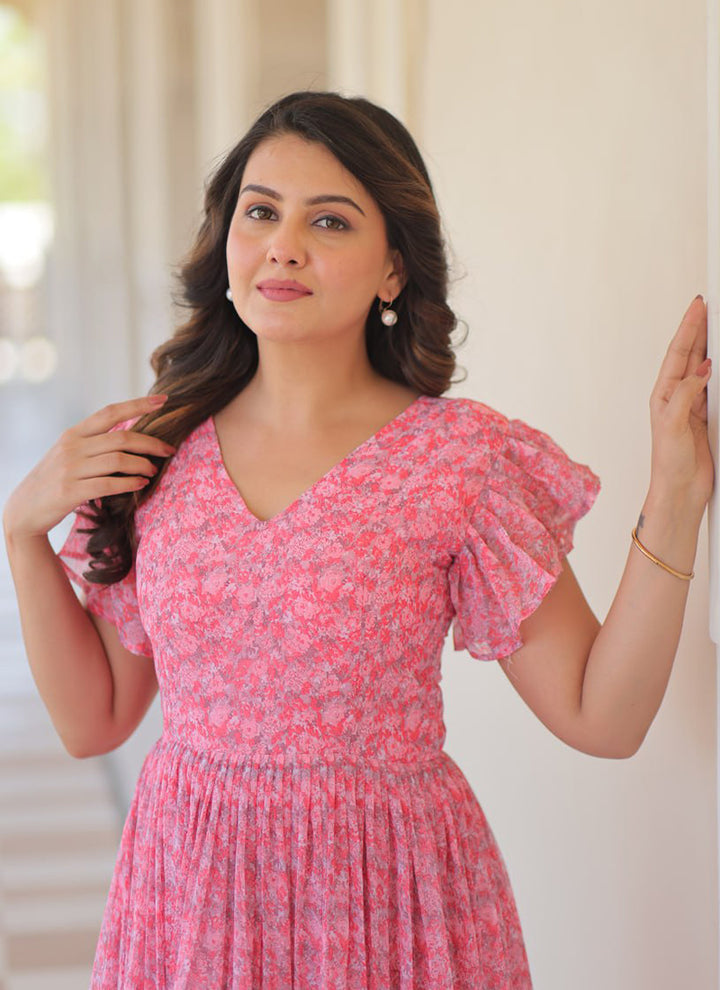 Pink Faux Georgette Floor Length Maxi Dress
