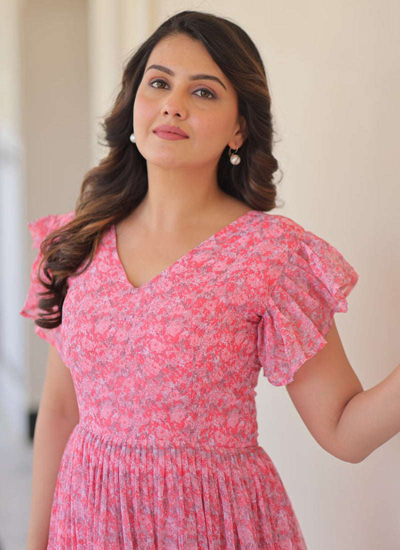 Pink Faux Georgette Floor Length Maxi Dress
