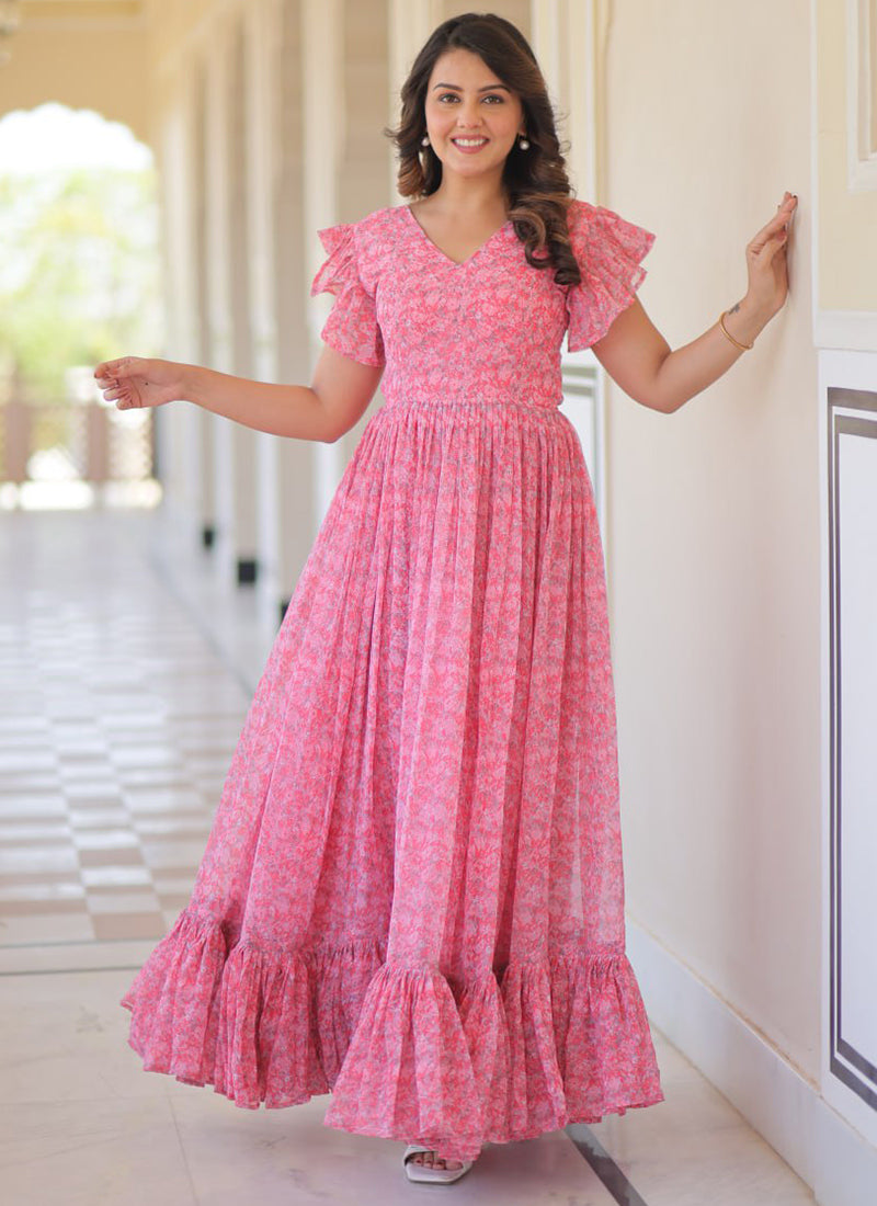 Pink Faux Georgette Floor Length Maxi Dress
