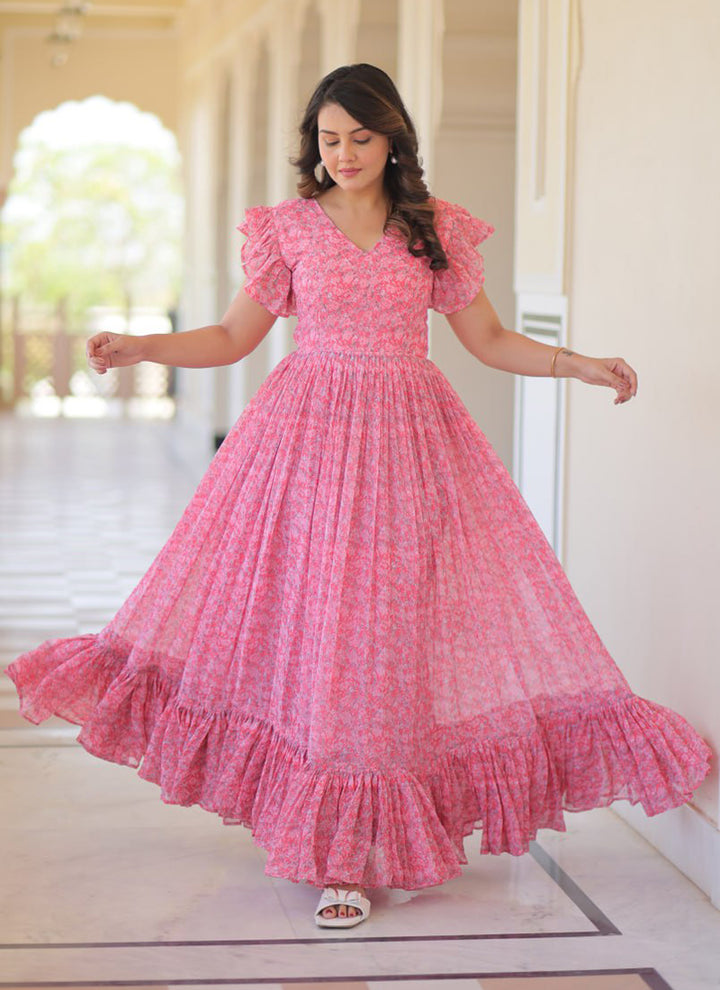Pink Faux Georgette Floor Length Maxi Dress