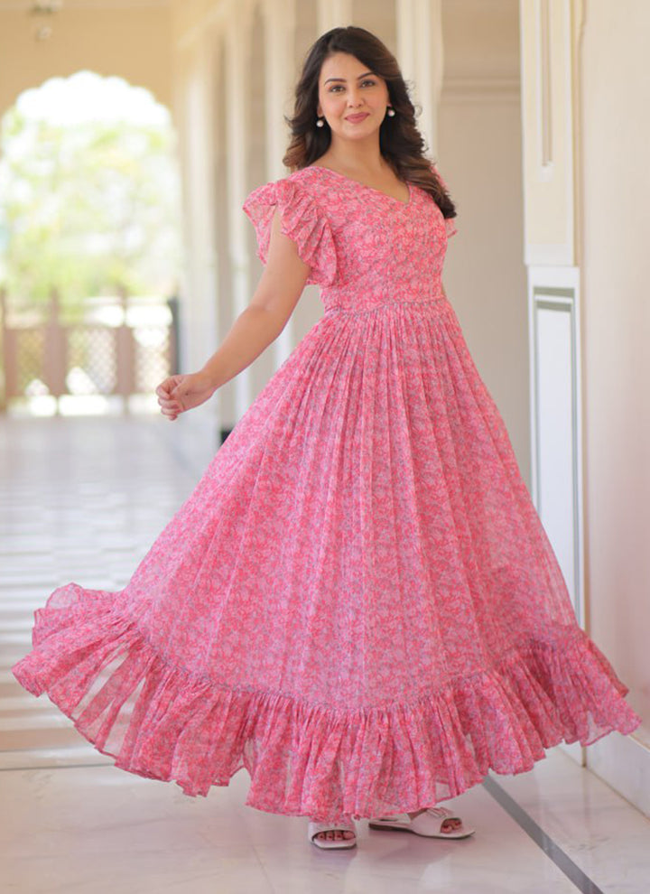 Pink Faux Georgette Floor Length Maxi Dress