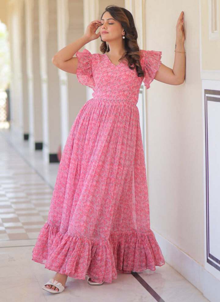Pink Faux Georgette Floor Length Maxi Dress
