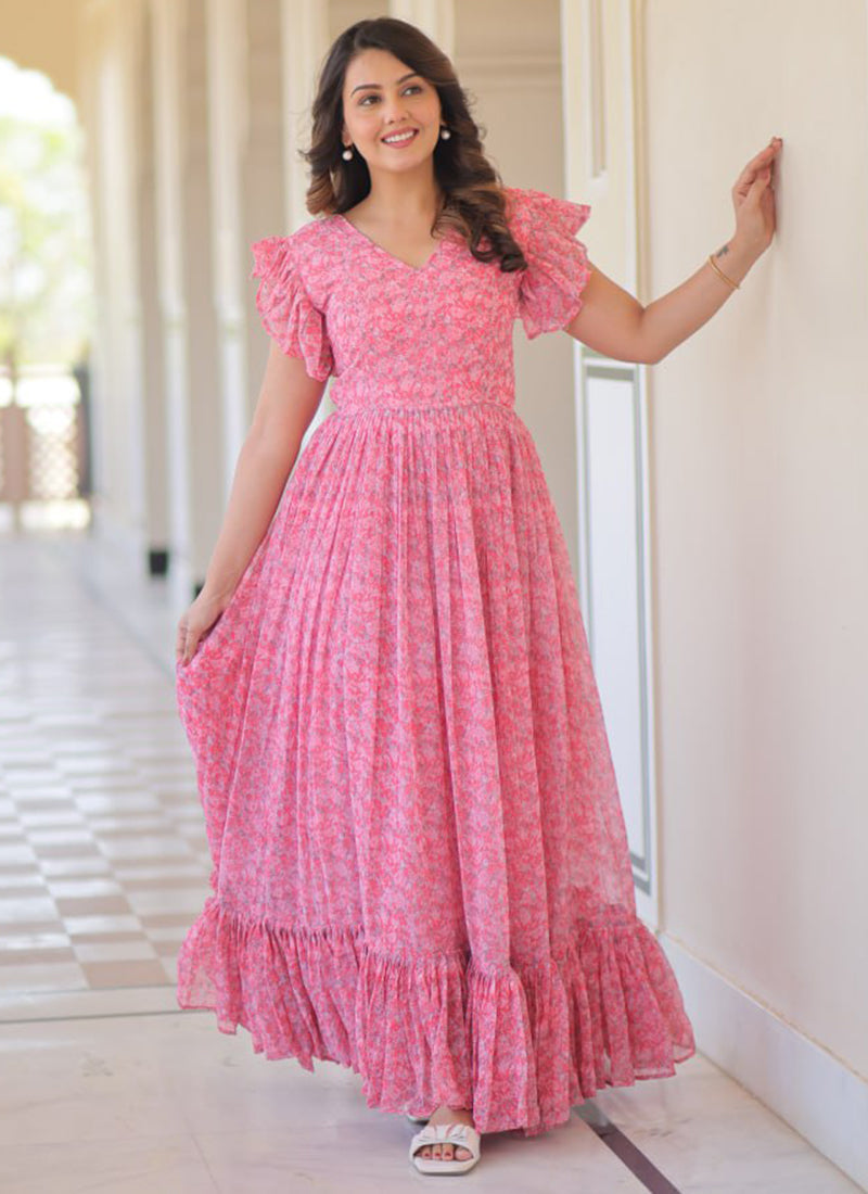Pink Faux Georgette Floor Length Maxi Dress