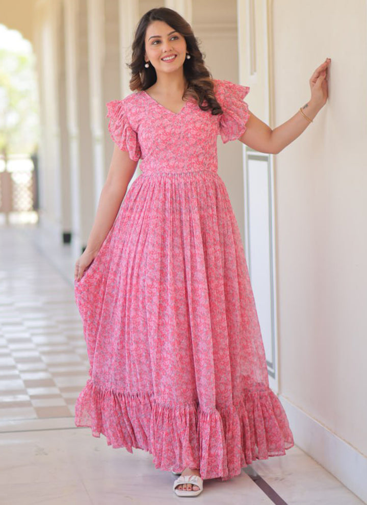 Pink Faux Georgette Floor Length Maxi Dress