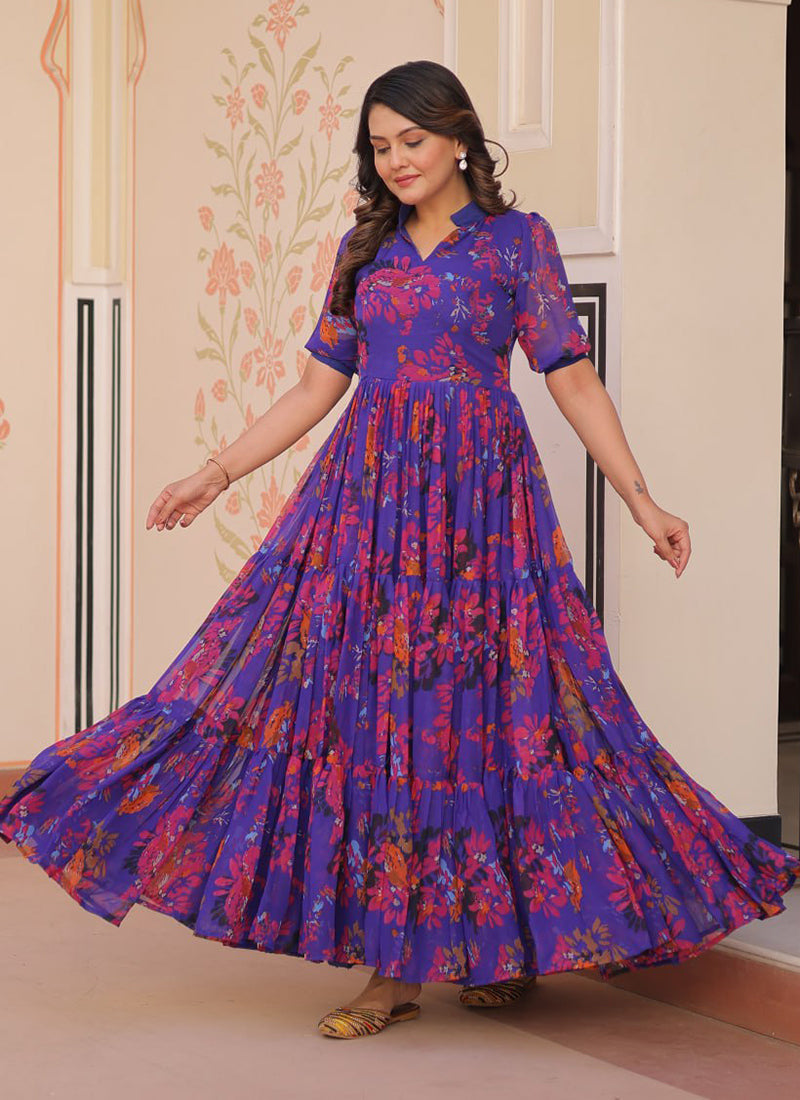 Royal Blue Faux Georgette Printed Flared Maxi Dress