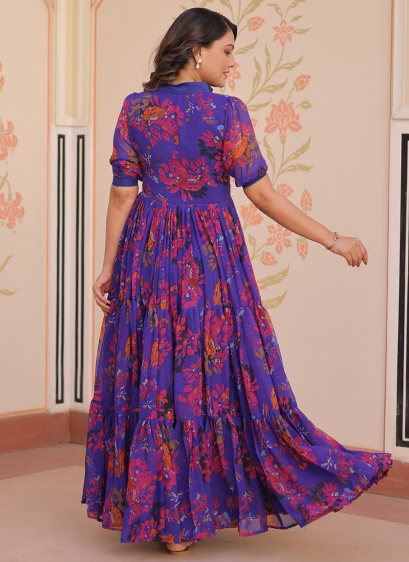 Royal Blue Faux Georgette Printed Flared Maxi Dress
