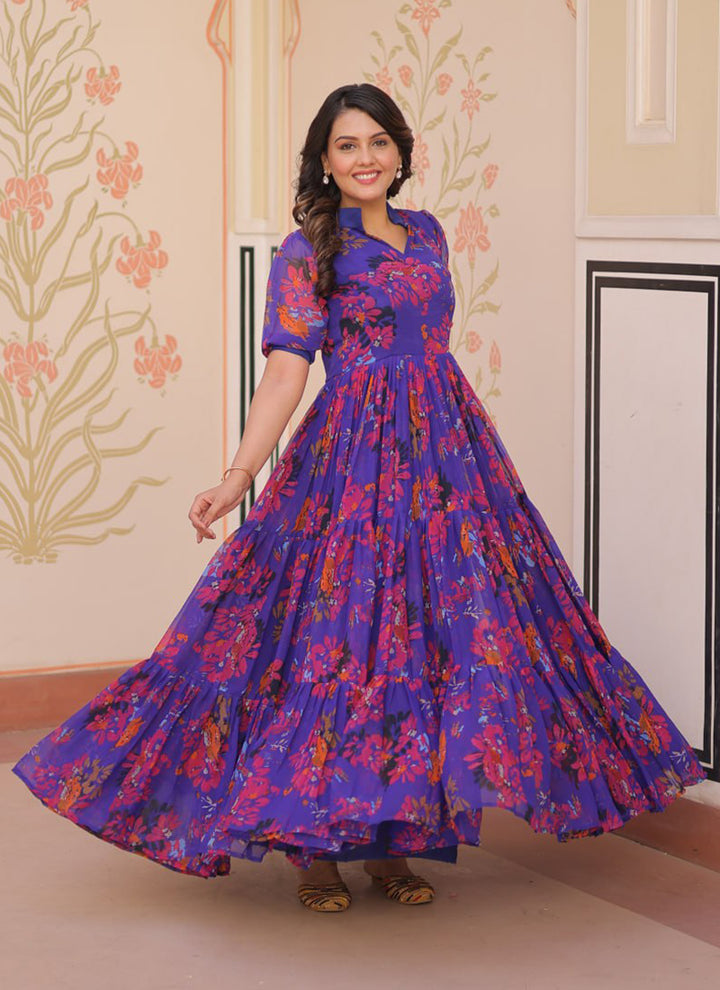 Royal Blue Faux Georgette Printed Flared Maxi Dress
