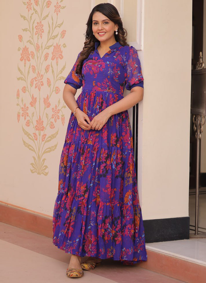 Royal Blue Faux Georgette Printed Flared Maxi Dress