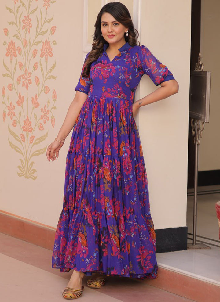 Royal Blue Faux Georgette Printed Flared Maxi Dress