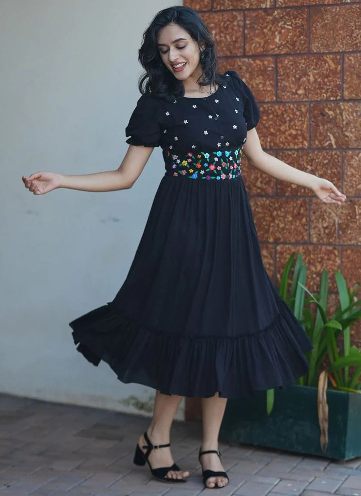 Black Rayon Embroidered Party Wear Dress