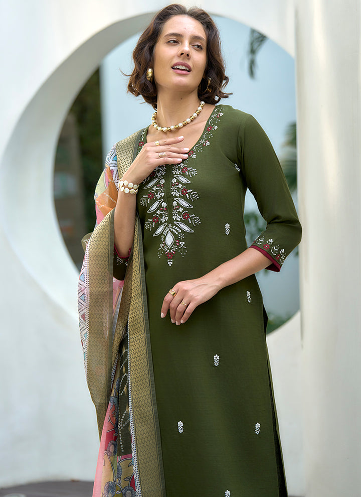 Embroidered Green Kurta With Trouser And Dupatta