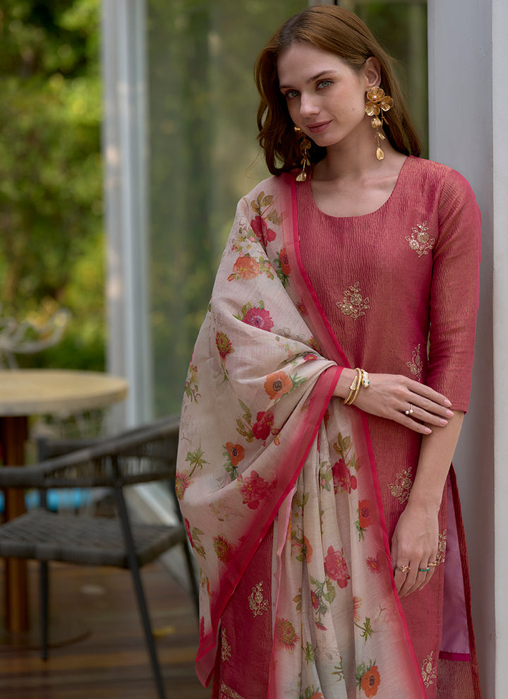 Red Tissue Kurta With Trouser And Dupatta