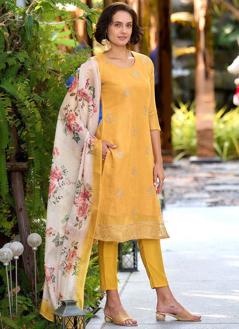 Yellow Tissue Kurta With Trouser And Dupatta