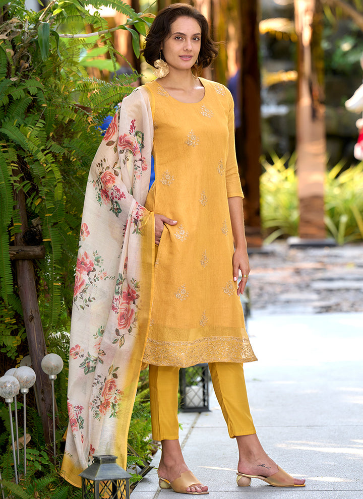 Yellow Tissue Kurta With Trouser And Dupatta