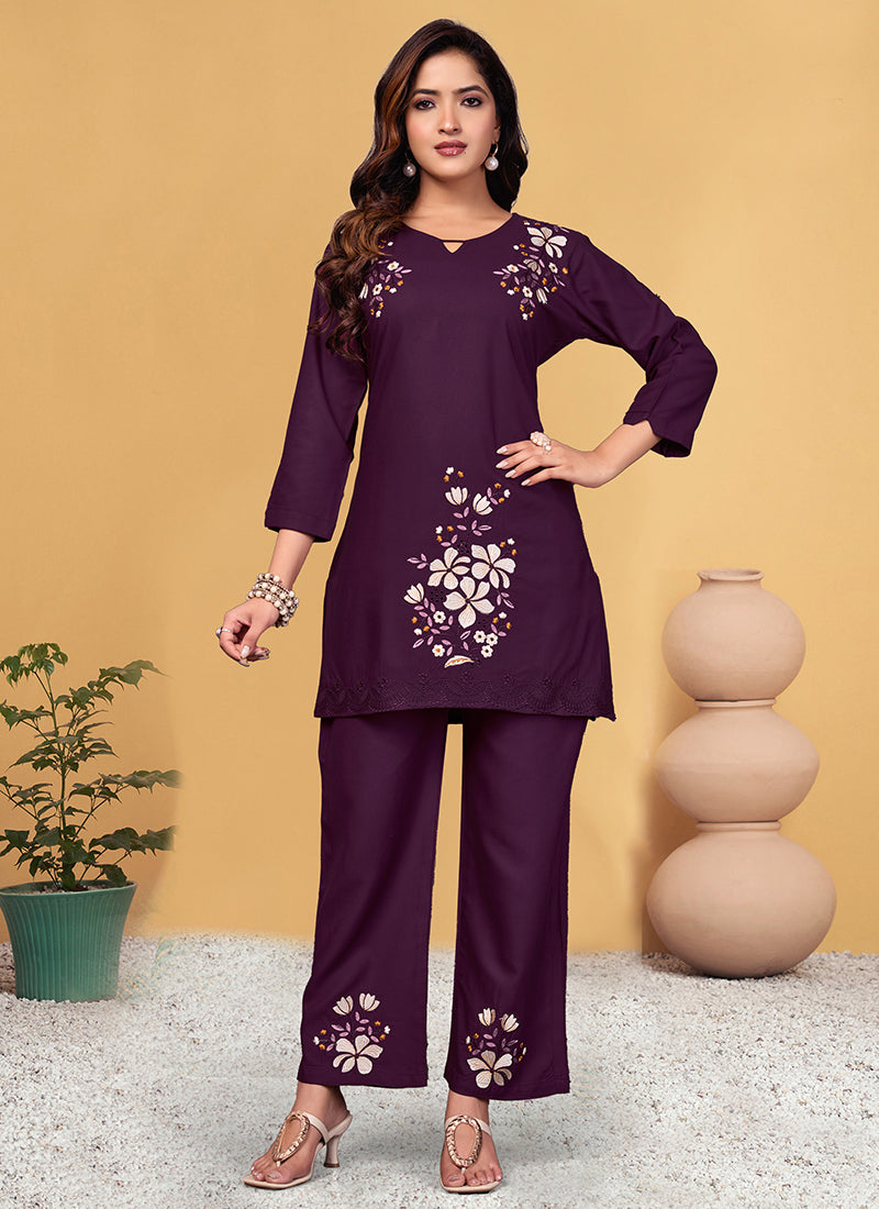 Purple Viscose Rayon Embroidered Cord Set