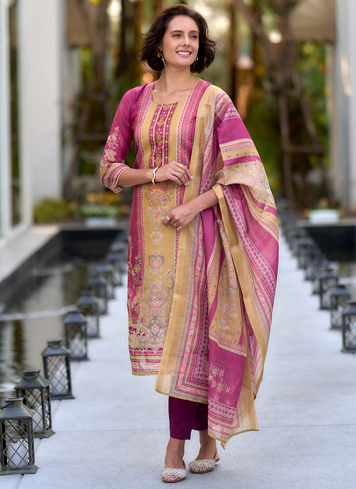 Pink Printed Silk Blend Casual Kurta Set