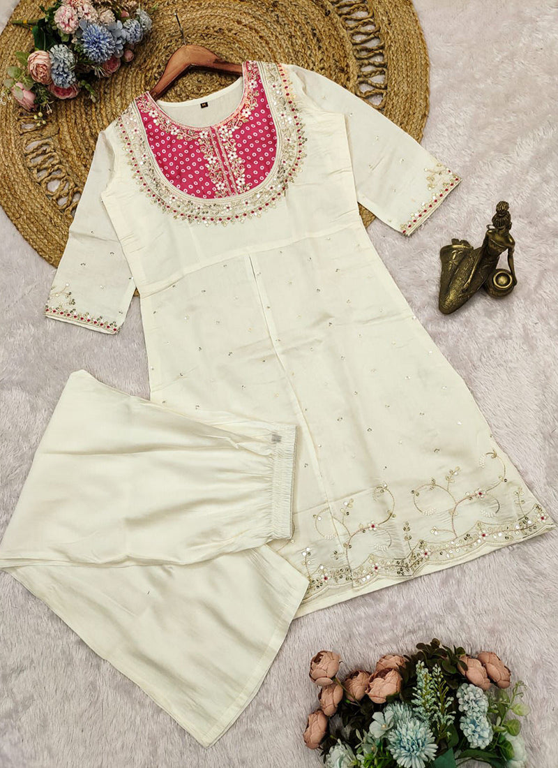 Off White And Magenta Embroidered Kurta With Palazzo Pant